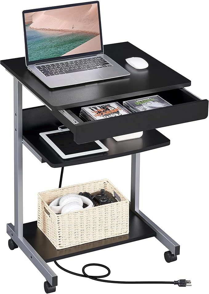 Topeakmart Mobile Laptop Desk Compact Computer Table on Wheels with Power Outlet and USB Ports Home Office Writing Desk with Charging Station and Printer Shelf Small Desk 22in for Space Saving Black