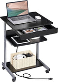 Topeakmart Mobile Laptop Desk Compact Computer Table on Wheels with Power Outlet and USB Ports Home Office Writing Desk with Charging Station and Printer Shelf Small Desk 22in for Space Saving Black