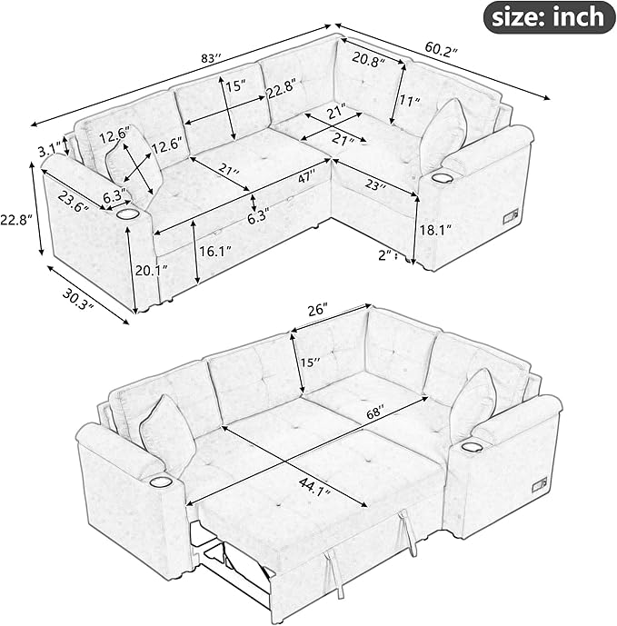83 L-Shape Sofa Bed Pull-Out Sleeper Sofa with Wheels and Built-in Cup Holders Modern Button Tufted 3 Seater Sectional Corner Couch with Power Sockets for Living Room (Beige-s32)