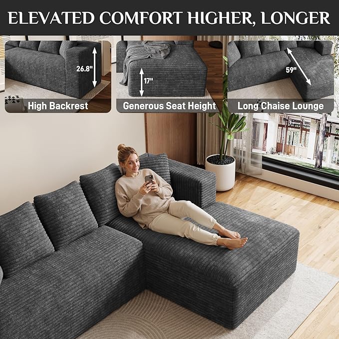 Oversized L Shaped Boneless Sectional Couches for Living Room 107 Comfy Fluffy Cloud Modular Sectional Sofa Plush Corduroy Memory Foam Floor Sofa with Right Facing Chaise Couch
