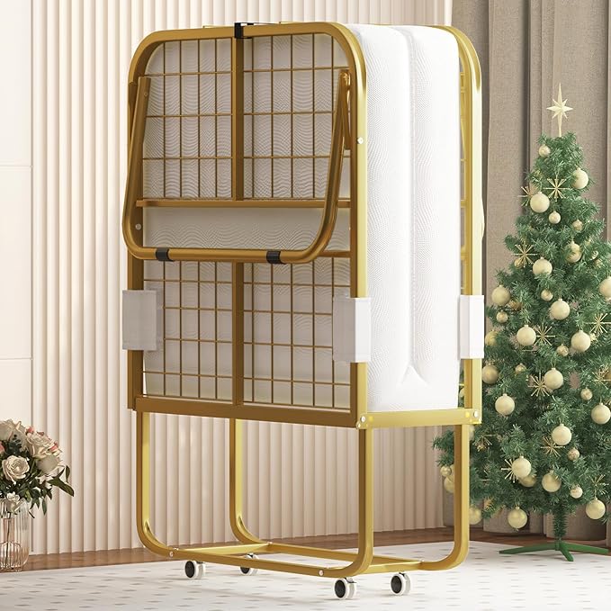 PUREMIND Folding Bed with Mattress for Adults 75”L x 46”W Portable Foldable Beds with Metal Bed Frame Single Portable Roll Away Guest Beds for Bedroom Living Room Office