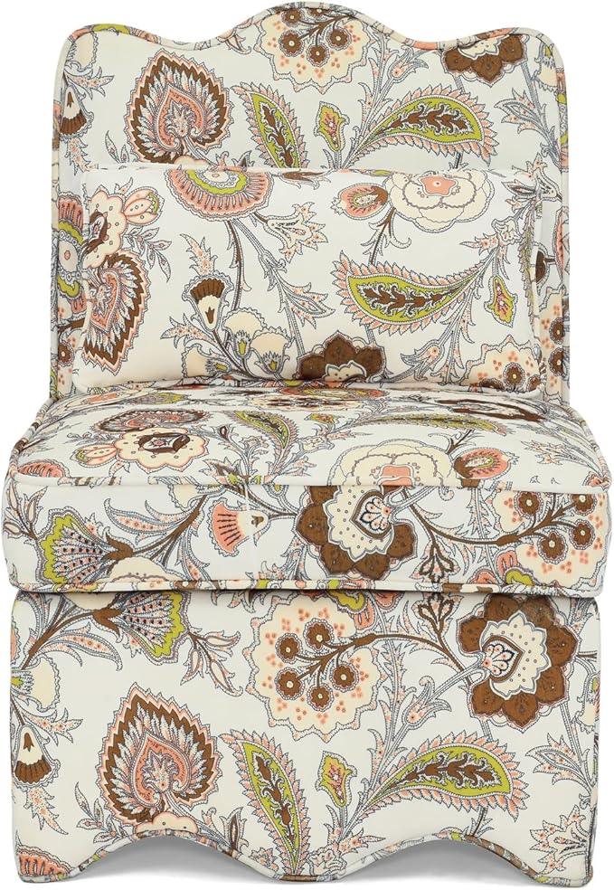 Polibi Retro Single Chair with Flower Pattern and Wave-Shape Edge Flannel Upholstered Armless Sofa Chair with Seat Cushion and Pillow for Living Room Bedroom Brown Flower