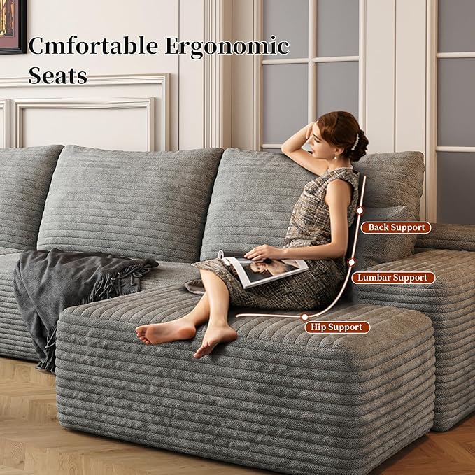 135.4 U Shaped Sofa Large Cloud Modular Sectional Couch with Ottoman for Living Room Minimalist Upholstered CouchesDeep Seat Corner CouchNo Assembly Required (GreyLeft Facing Chaise)