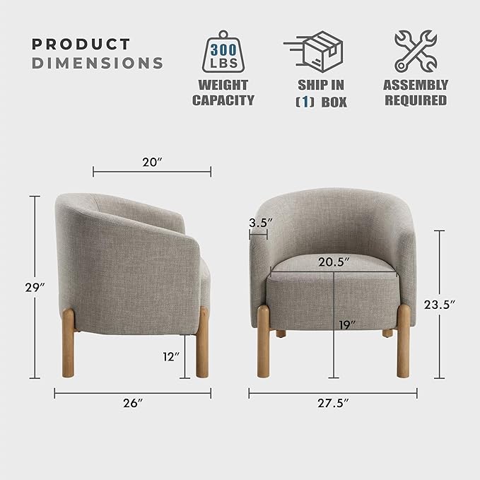 Lexicon Modern Accent Chair Textured Fabric Barrel Seat with Solid Wood Legs Upholstered Single Sofa Chairs for Living Room/Bedroom/Office/Apartment Taupe