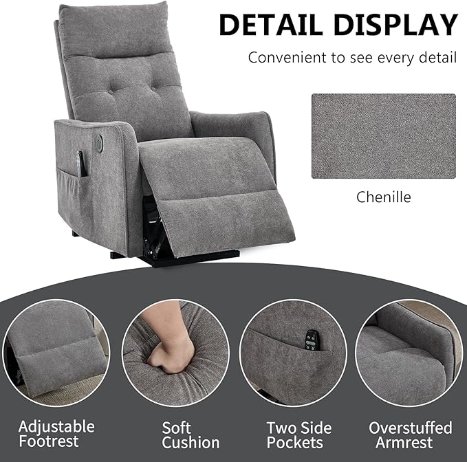 Small Power Lift Chair Recliner for Elderly Petite Power Recliner Chair with Massage and Heat | USB | High Back | Push Button | Side Pockets Liviing Room Easy Assembly (Chenille Light Grey)