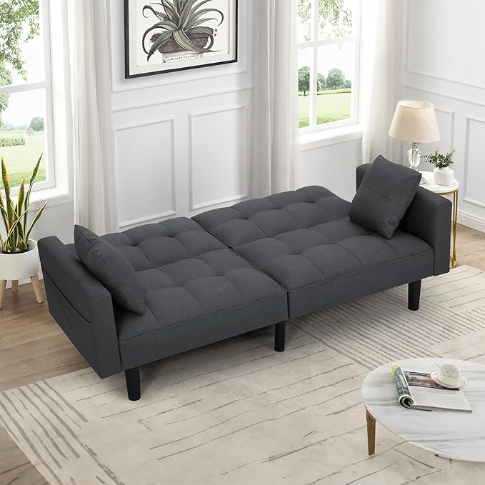 ECOTOUGE Futon Sofa Bed 74 Convertible Sofa Bed with Adjustable Backrest Modern Linen Fabric Loveseat Sleeper Sofa with 2 Pillow &amp Side Pockets Futon Couch for Living Room Bedroom Office Grey