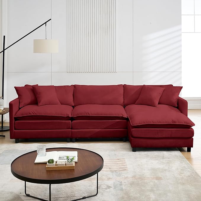 108’’ Modular Sectional Sofa with Sleeper Comfy Cloud Couch L Shaped Chenille Couch with Thick Cushions &amp Movable Ottoman for Living Room Bedroom (Wine Red 108.27 - L Shape Sofa)