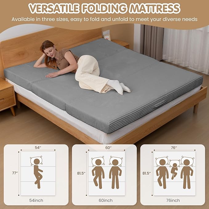 5-in-1 Convertible Sofa Bed76 Boneless Couch Tri Folding Floor Mattress with Removable L-Shaped Armrests &amp HandleCorduroy Futon Couch Sleeper with Pull Out Bed for Living Room Bedroom Apartment