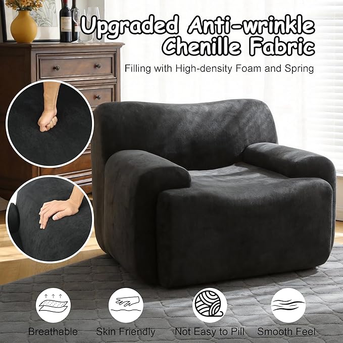 Boneless Chair 42 W Oversized Single Sofa Chair for Living Room Chenille Cloud Comfy Chairs Foam Couch Armchair for Bedroom Apartment Office. Reading No Assembly(Black)