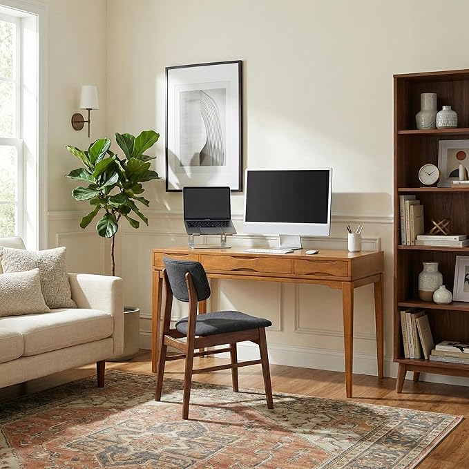SIMPLIHOME Harper Desk - 60 Inch Wide Solid Wood Writing Desk in Light Golden Brown Mid-Century Modern Home Office Computer Table for Study with 2 Drawers and Flip-Down Keyboard Tray