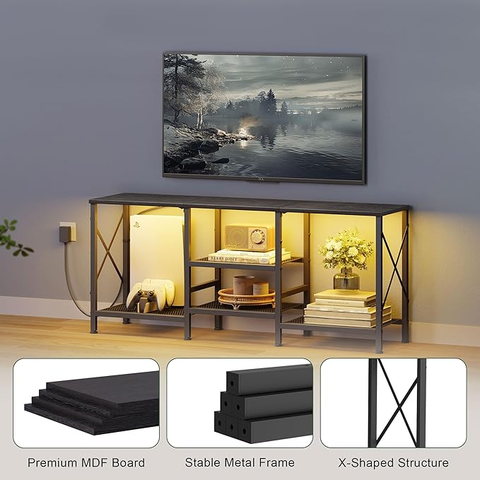 TV Stand with LED Lights for 55 Inch TV Entertainment Center with 3-Tier Open Shelves TV Console Table for Living Room Bedroom Black