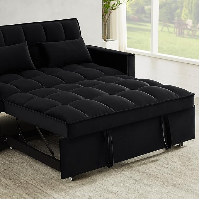 Antetek Convertible Sleeper Sofa Bed 3 in 1 Velvet Loveseat Futon Sofa Couch with Pullout Bed Black 54