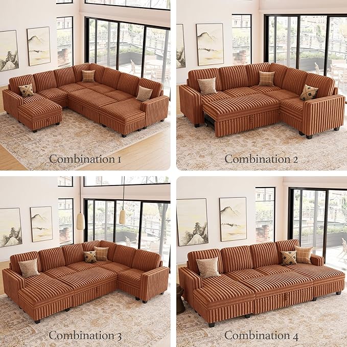 Belffin Corduroy Sleeper Sofa with Pull Out Bed Module Loveseat with Pullout Bed for Sectional Sofa Couch Brick Red Couch