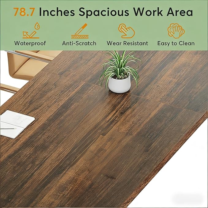 78 Inch Two Person Office Desk Extra Long Double Computer Desk Executive Office Desk Modern Writing Study Table Workstation for Home Office White Brown