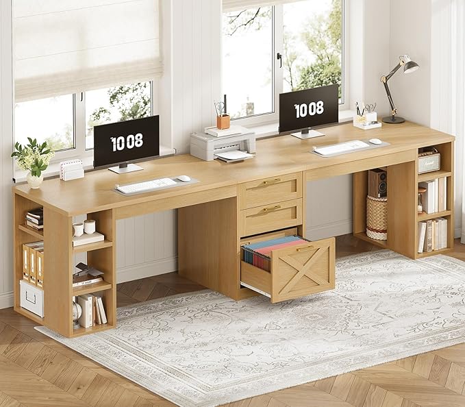 SEDETA Farmhouse 96.5 Computer Desk with Drawers 2 Person Home Office Desk Gaming Double Desk with Storage Shelves Long Two Person Writing Desk Oak