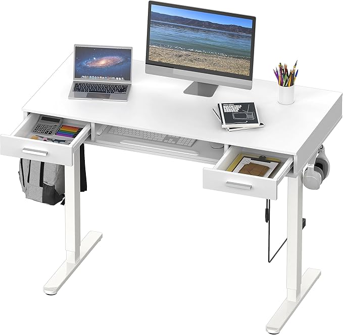 SHW 48-Inch Electric Height Adjustable Desk with Keyboard Tray and 2 Drawers White