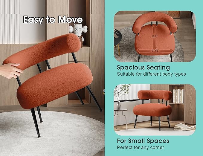 Mid Century Sherpa Boucle Accent Chair Round Upholstered Barrel Arm Chair for Small Spaces Fluffy Side Corner Sofa Chair for Living Room Bedroom Vanity Office Reading Nook（Orange）