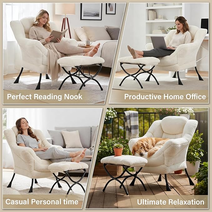 Lazy Chair and Ottoman Large Plush Beige Contemporary Accent Chair with a Side Pocket Modern Leisure Upholstered Reading Armchair with Footrest for Office Bedroom Living Room Balcony