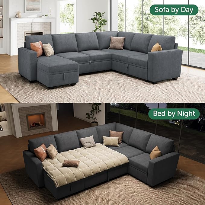 HONBAY Modular Sectional Couch with Pull Out Bed Chenille Sleeper Sofa with Storage Seats Ottoman U Shaped Sectional Couches for Living Room Bluish Grey