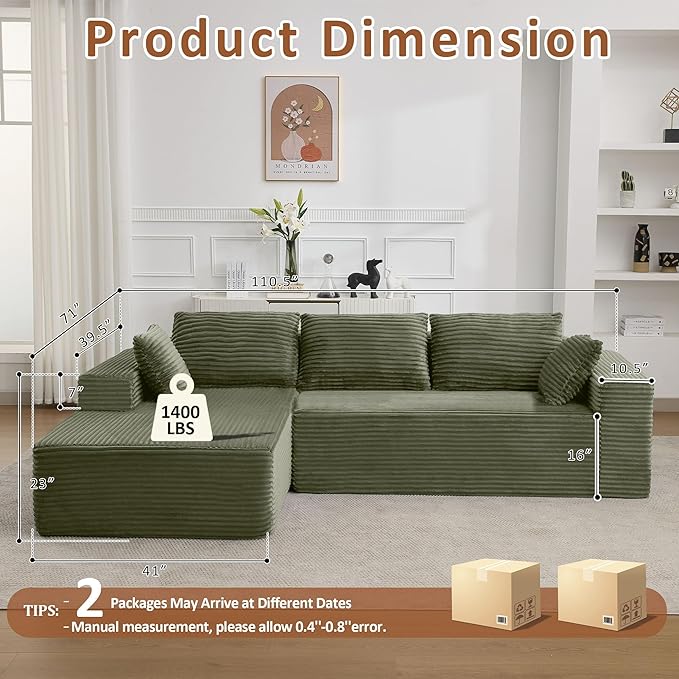 110 Boneless Sectional Couch with Chaise Lounge Cloud Couch Compressed Sofa L Shape No Assembly Memory Foam Sofa for Living Room Green Corduroy