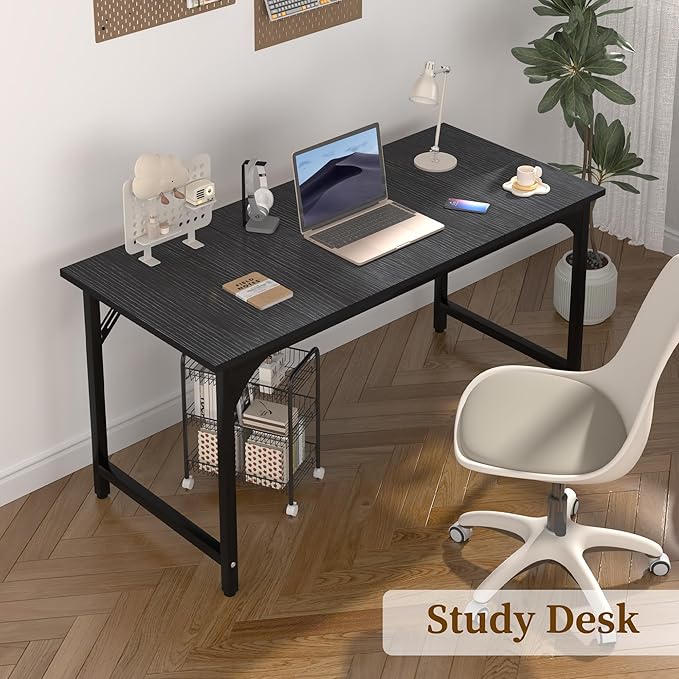 AZN Computer Desk 55in Computer Desk Office Desk w/Sturdy Metal Frame Office Desk w/Water-Resistant Scratchproof Surface Home Office Desks w/Large Legroom for Work Study Writing Gaming Black