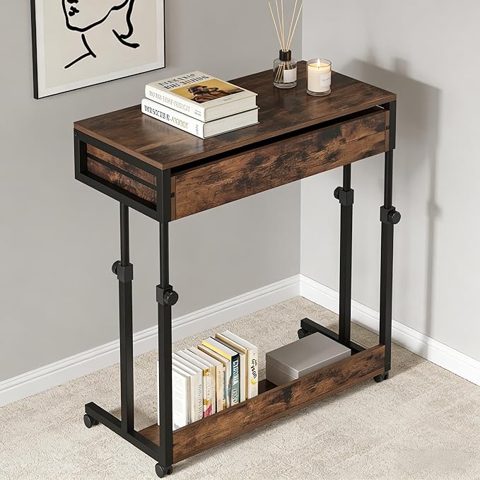 Height Adjustable Rolling Office Table with Storage Drawer - Compact Mobile Desk for Home Office Small Spaces and Bedside Use Sturdy Space-Saving Design