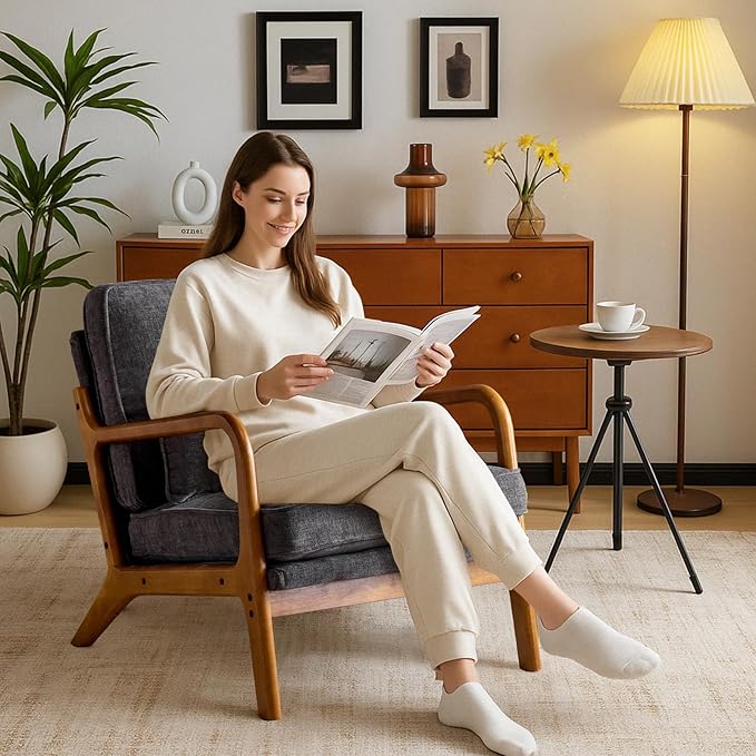 Karl home Mid Century Modern Accent Chair with Lumbar Pillow &amp Oak Arms – Plush Chenille Living Room Chair for Bedroom Lounge (Gray)