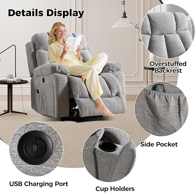 2 Power Lift Recliners with Massage and Heat for Elderly Electric Lifting Recliner Chair with Cup Holders &amp USB Port Oversized Single Reclining Sofa Set of 2 with Side Pocket Light Grey
