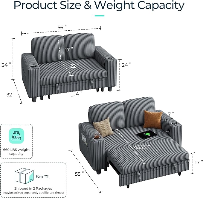 LINSY HOME Loveseat Sofa with Pull Out Couch: 2-in-1 Convertible 2 Seater Sofa Chaise with USB Charging &amp Cup Holders Comfy Plush Corduroy Love Seat for Small Spaces Living Room Apartment Grey