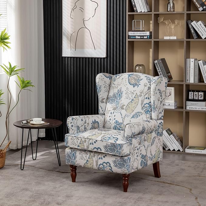 Modern Accent Chair with Retro Wood Legs Comfy Upholstered Armchair Floral Design Single Sofa Chair for Living Room Bedroom Office - Floral