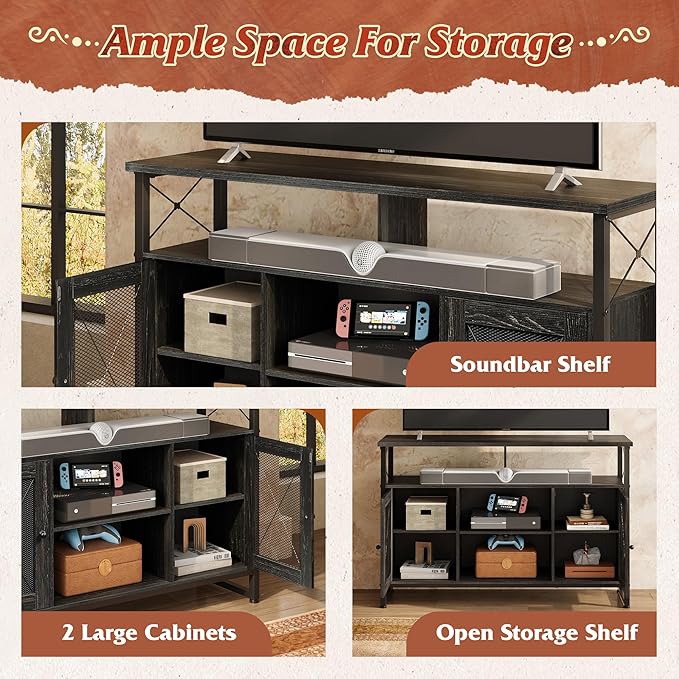 WLIVE TV Stand 55 inch TVTall Entertainment Center with Storage Farmhouse Industrial TV Console for Bedroom Living Room Charcoal Black