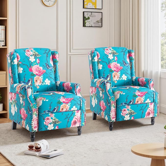 Pushback Recliner Chairs Set of 2 Floral Fabric Wingback Recliner Chair Upholstered Rivet Trim Armchair Push Back Recliner Accent Chair for Small Spaces Living Room Peacock Blue