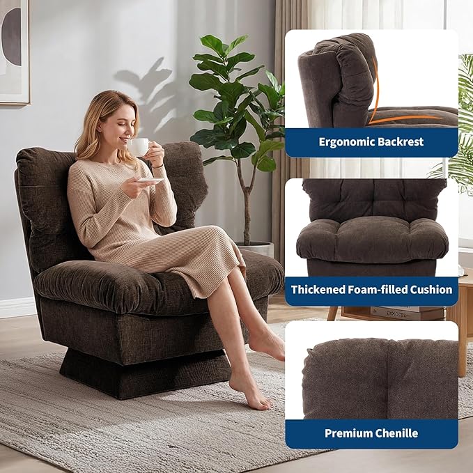 Oversized Chenille Swivel Accent Chair 360° Rotating Modern Upholstered Club Chair with Thick Cushion 20.8 Wide Seat Comfy Reading Chair for Living Room Bedroom Office 300Lb Capacity Brown