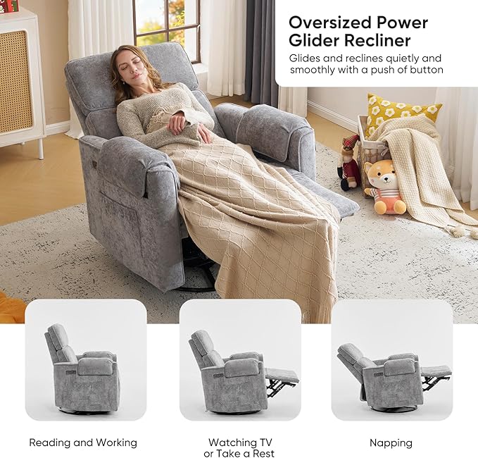 Oversized Power Recliner Chair 26 Extra Wide Swivel Rocker Recliner with Adjustable Headrest Chenille Glider Rocking Nursery Chair with Overstuffed Armrest USB Ports Grey