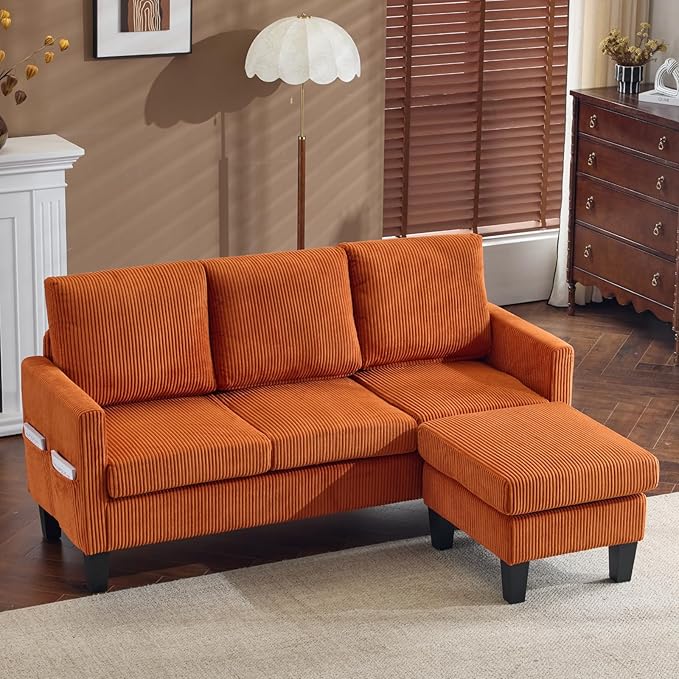 Karl home Small Sectional Couch L Shaped Sofa with Movable Storage Ottoman Corduroy Upholostered Sofa Chaise with Side Pockets for Living Room Apartment Studio Orange