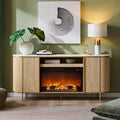 OKD Luxury 70 Fluted Fireplace TV Stand Modern Chic Entertainment Center for TVs Up to 80 inches TV Console with Faux Marble Top Curved Profile Design Media Console for Living Room Natural Oak