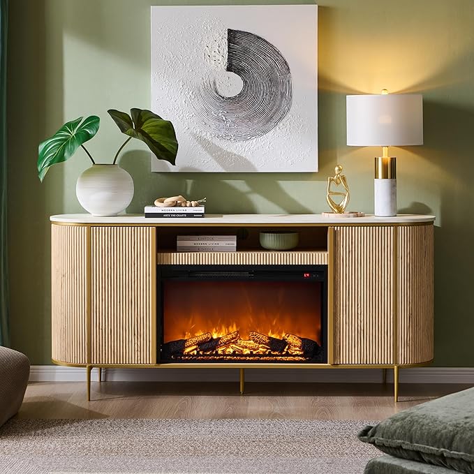 OKD Luxury 70 Fluted Fireplace TV Stand Modern Chic Entertainment Center for TVs Up to 80 inches TV Console with Faux Marble Top Curved Profile Design Media Console for Living Room Natural Oak