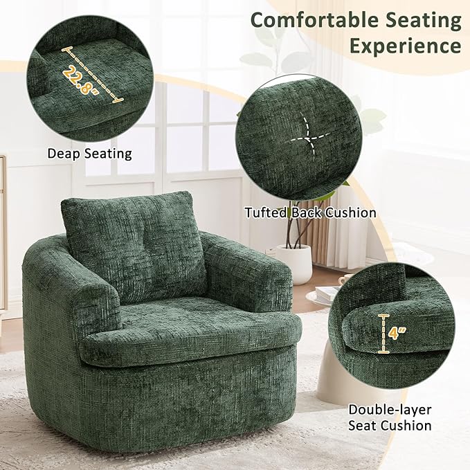 36.6 Boucle Swivel Barrel Chair - Chenille Accent Armchair with Pocket Spring Cushion Ergonomic Armrests &amp Throw Pillow Comfy Single Sofa Chair for Nursery Living Room &amp Offices (Green)