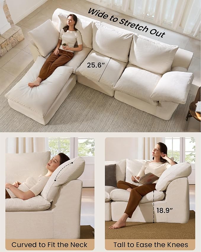 High Back Boneless Cloud Couch Luxury Chenille Modular Cloud Sofa No Assembly Boneless Couch with Removable Covers No Assembly Two Middle Modules Warm White