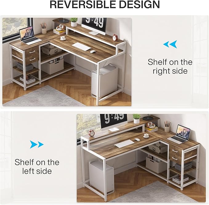 Tribesigns L Shaped Desk with Drawers and Storage Shelves Corner Home Office Desk with Monitor Stand 55 x 24 Desktop Computer Table Gaming Study for Small Space (Oak)