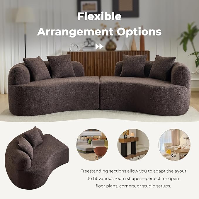 106.7'' Modern Curved Sectional Sofa Luxury Teddy Velvet Upholstered Couch Comfy Cloud Compressed Sofa with 4 Pillows for Living Room Apartment No Assembly Needed Brown