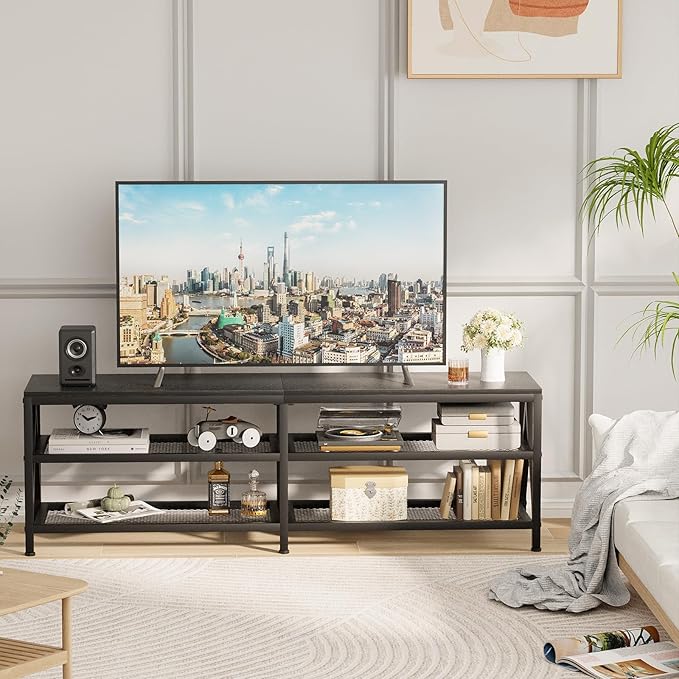 TV Stand for TVs up to 70 Inch 63 Long Industrial TV Console Table with 3-Tier Storage Shelves Entertainment Center for Living Room Bedroom (Black)