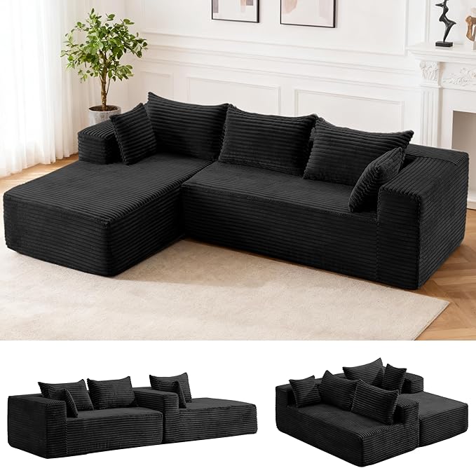 107 Cloud Couch Modular Sectional L Shaped Couch with Chaise Deep Seat Sofa Fluffy Corduroy Couches Boneless Couch for Living Room Black Left Facing Chaise