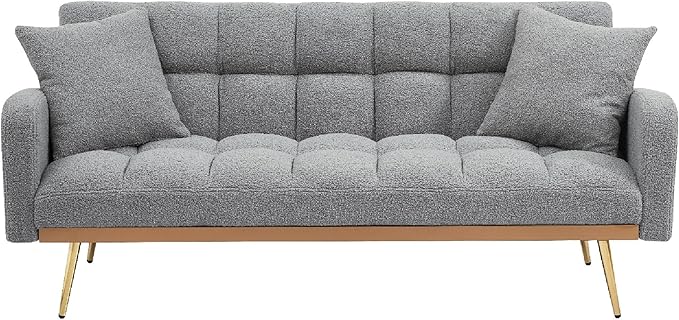 KEIKI 69 Folding Futon Sofa Couch w/Adjustable Backrest Mid Century Modern Loveseat Convertible to Sleeper Bed Small Comfy Teddy Cloud Couch SofaBed for Living Room &amp Bedroom 2 Pillows Gray