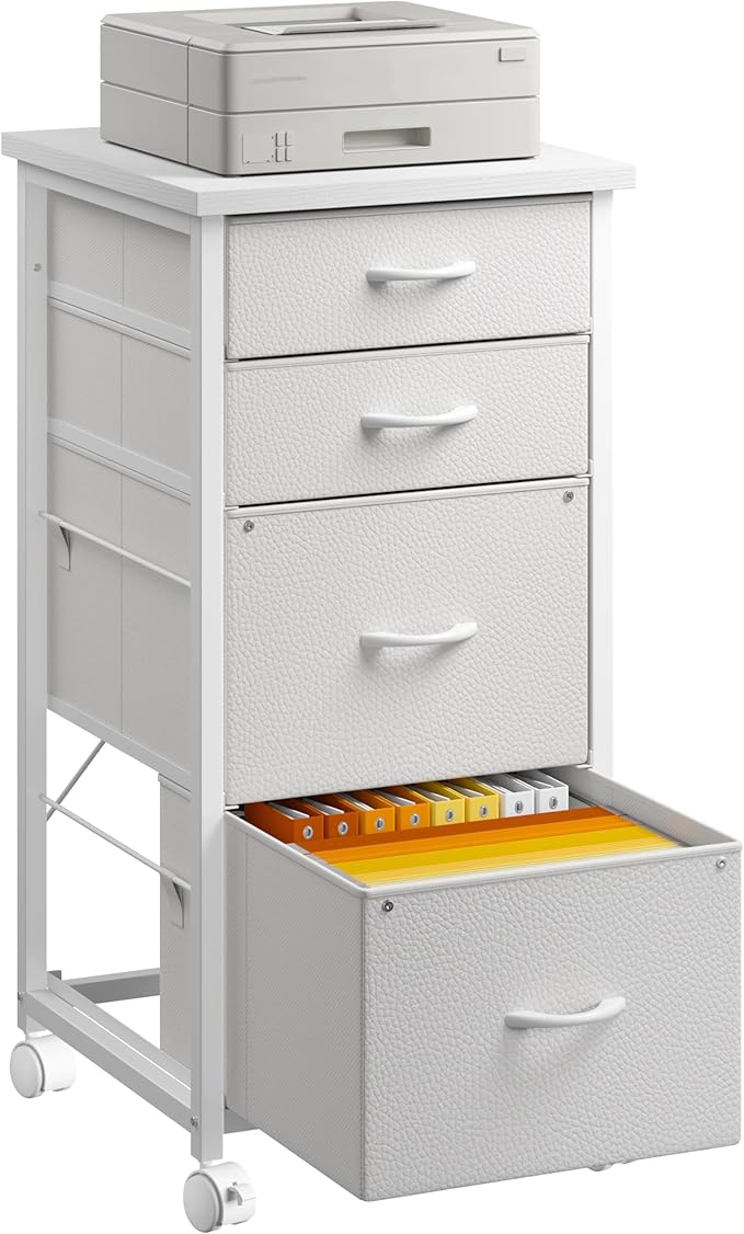 4 Drawers Mobile File Cabinet Vertical Filing Cabinet with Fabric Drawer Fits A4/Letter Size Printer Stand for Home OfficeWhite