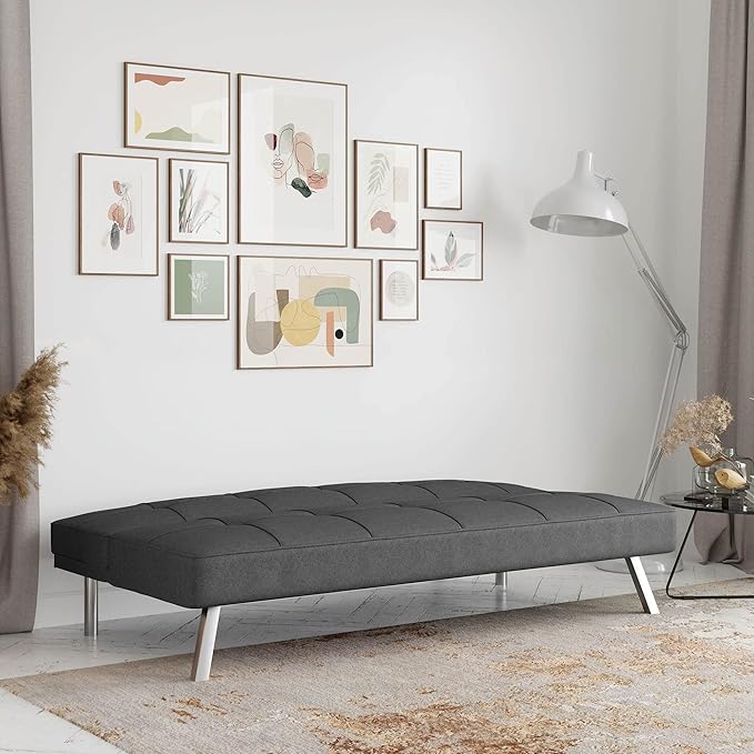 Serta® Rane 66.1 Convertible Futon Sofa Short Twin Size Modern Transitional Tufted Back and Seat Cushion Dream Coil® Comfort Fingerguard® Pinch Point Protection Woven Fabric Charcoal