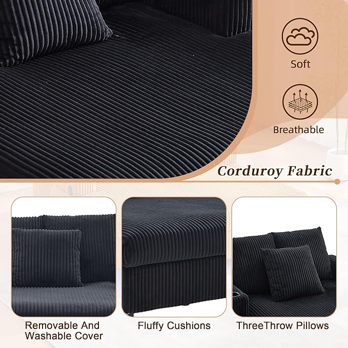 KEIKI 50 W Corduroy Oversized Recliner Single Sofa Couch with Deep Seat3 PillowsUSB ChargingCup Holder and Side Pocket
