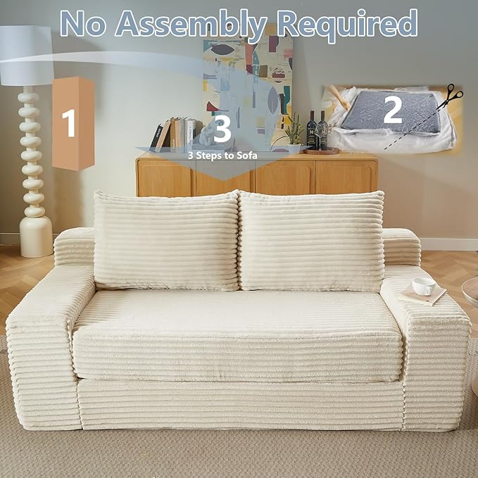 70.87 Loveseat Sofa Bed - Corduroy Upholstered Comfy Deep Seat &amp Modern Design - Small Space Friendly No Assembly Needed - Ideal for Living Room Bedroom Apartment Home Office Beige