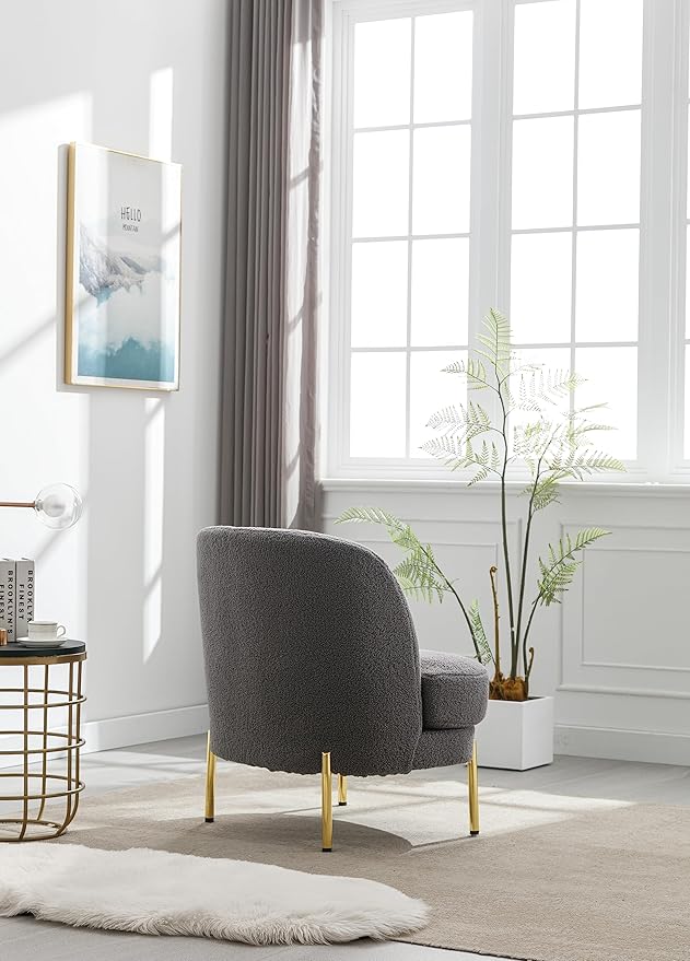 28.4 W Accent Chair Upholstered Curved Backrest Reading Chair Single Sofa Leisure Club Chair with Golden Adjustable Legs for Living Room Bedroom Dorm Room (Gray Boucle)