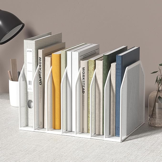 Metal 7 Section File Folder Organizer for Desk | Vertical Office File Holder | Heavy-Duty Mesh Document Sorter for Books Binders Laptops | Desk Organizer7 Sections White